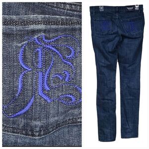 Rock & Republic Berlin Skinny Jeans Dark Blue Distressed Denim Blue Pocket 28/6